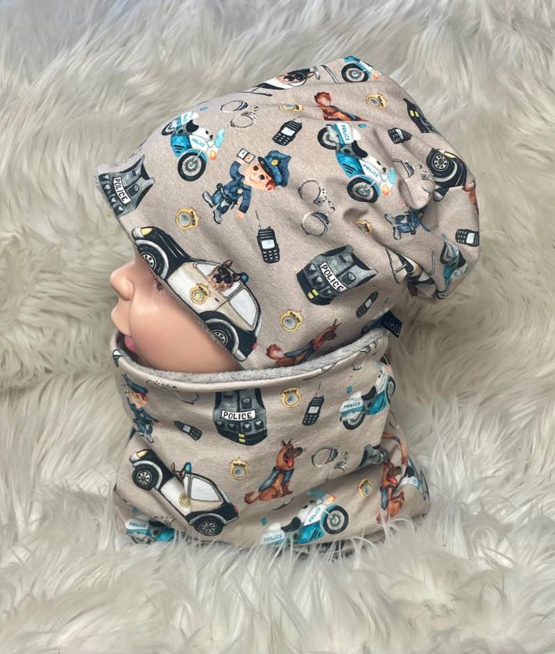 Beanie Loop Set Polizei Auto Hund Beige 39-60 Kindermütze, Schal , Mütze Mit , Kleinkind Oder Einzeln von Liolinos