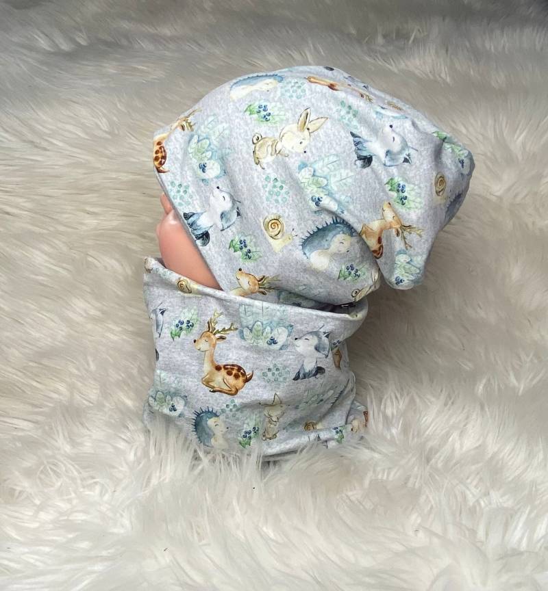 Beanie Loop Set Waldtiere Grau 39-60 Kindermütze, Schal , Mütze Mit , Kleinkind Mädchen Junge Baby Einzeln Oder von Liolinos