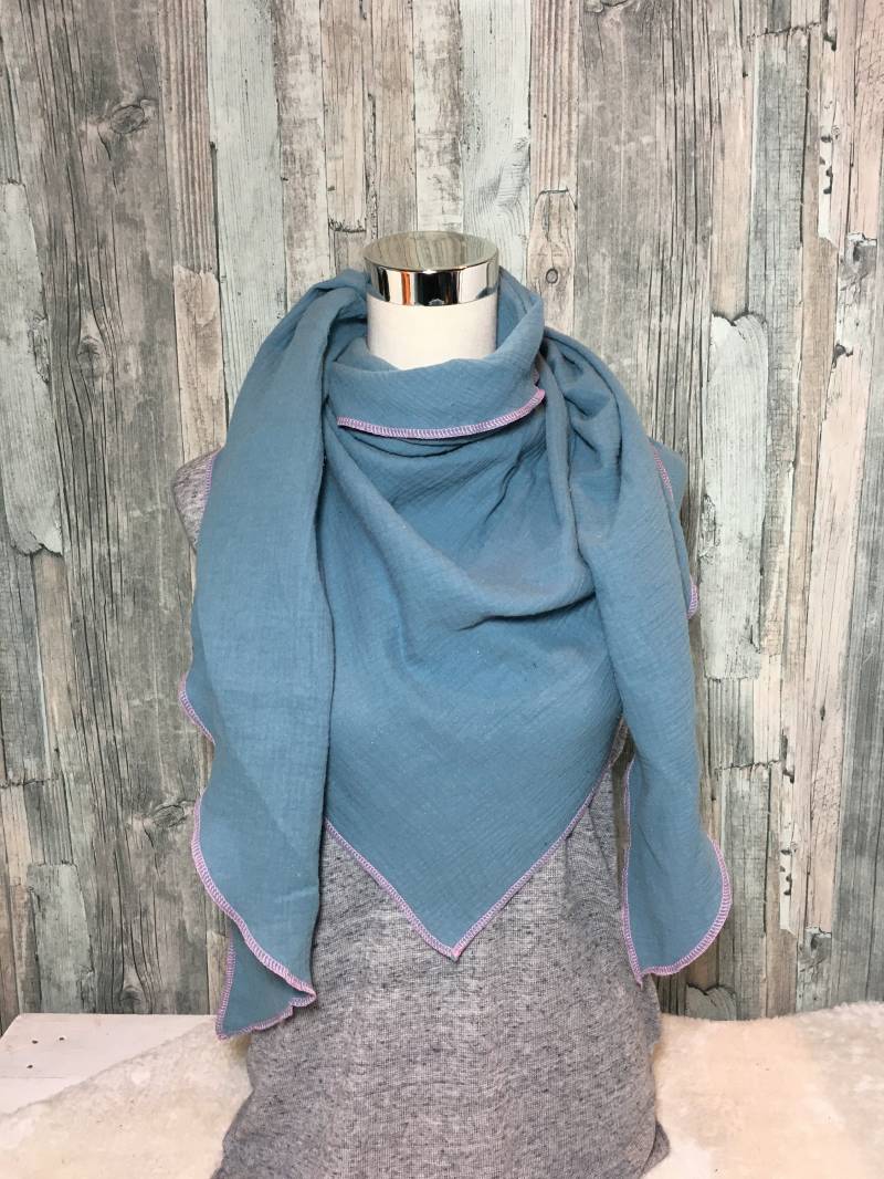 Damen Dreieckstuch Musselin Halstuch Xxl "Rauch Blau" Wickelschal Tuch Handmade Schal Einlagig von Liolinos