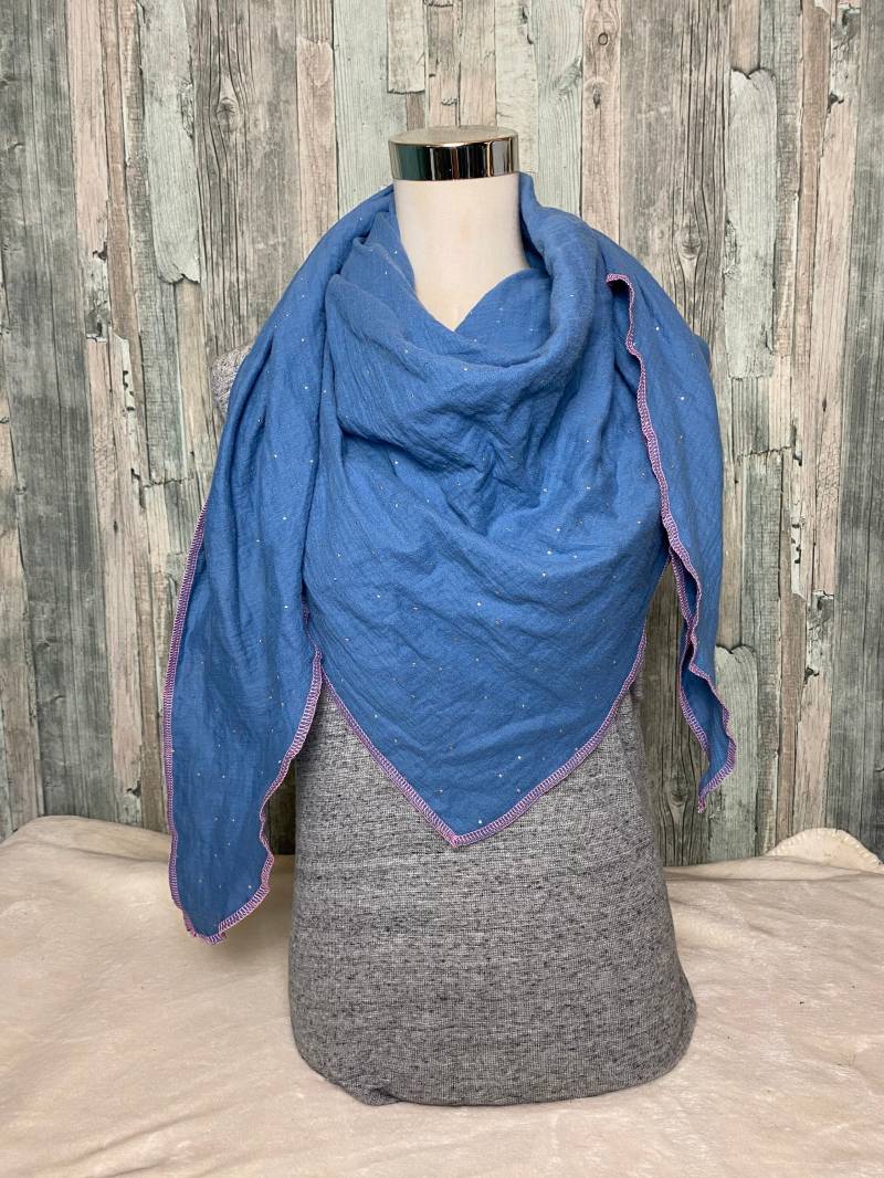Dreieckstuch Halstuch Blau Silber Punkte Musselin Wickelschal Tuch Handmade Schal Einlagig von Liolinos
