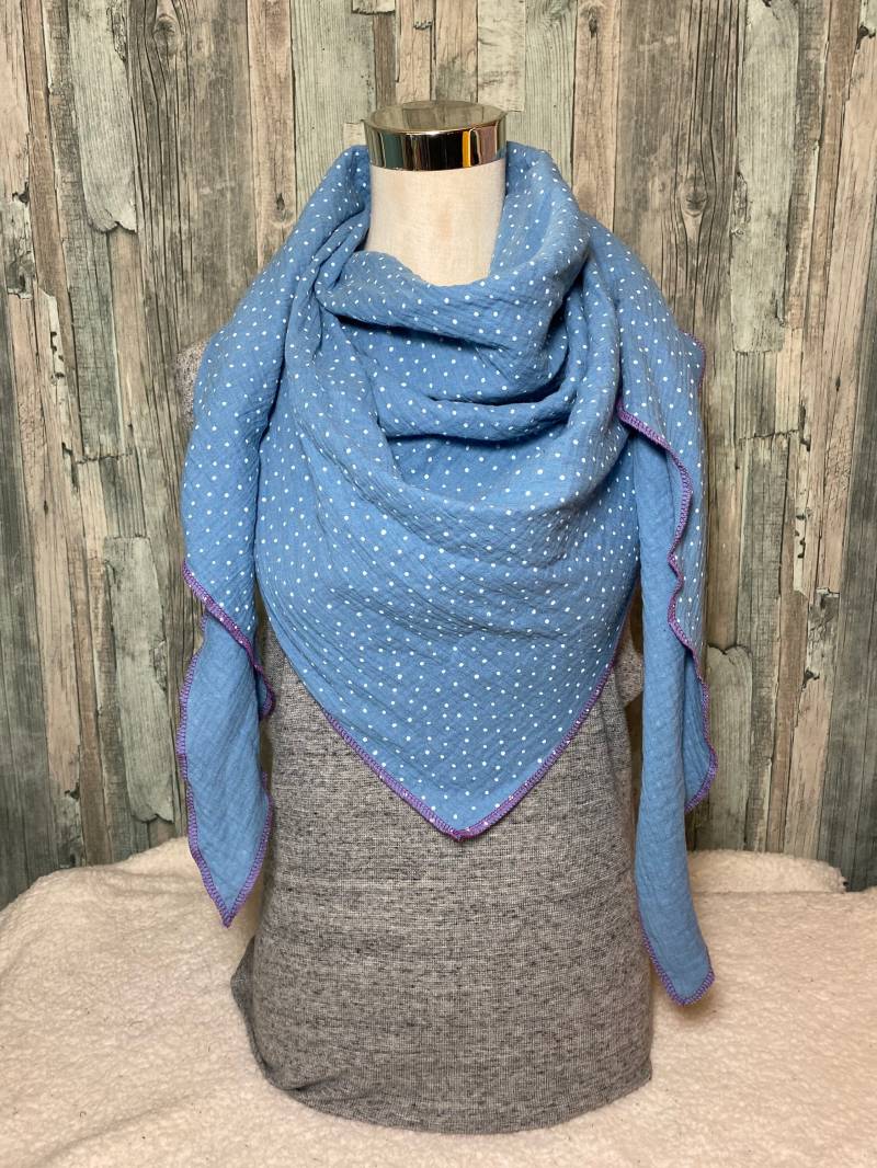Dreieckstuch Halstuch Damen Xxl „Hellblau Mit Punkten/ Tupfen " Musselin Wickelschal Tuch Handmade Schal Einlagig von Liolinos