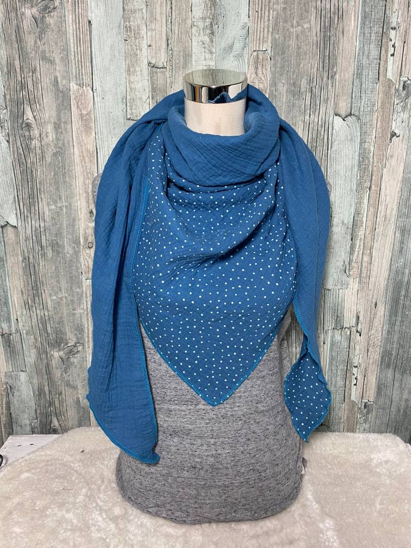 Dreieckstuch Halstuch Damen Xxl "Blau Mit Punkten/ Tupfen " Musselin Wickelschal Tuch Handmade Schal Einlagig von Liolinos