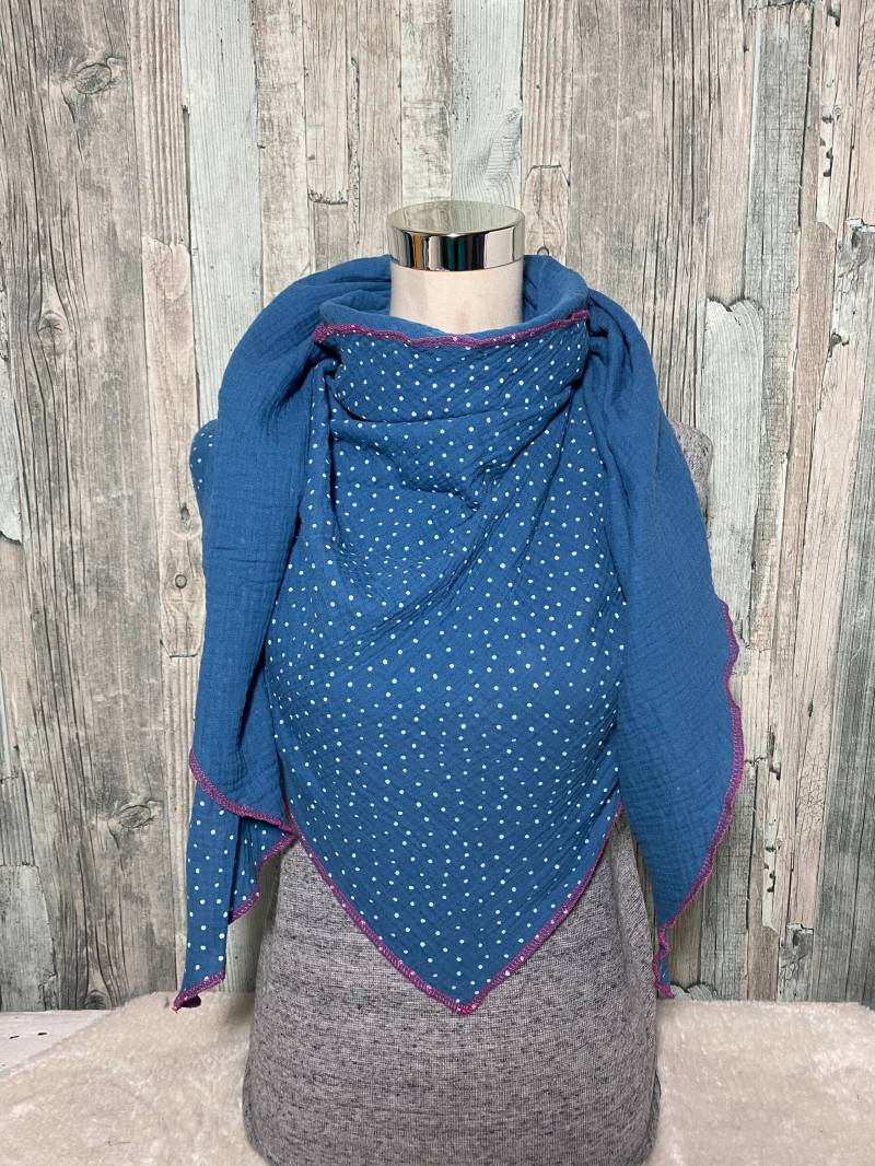 Dreieckstuch Halstuch Damen Xxl "Blau Mit Punkten/ Tupfen " Musselin Wickelschal Tuch Handmade Schal Einlagig von Liolinos