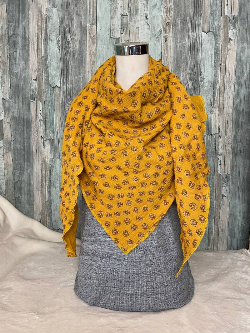 Dreieckstuch Halstuch Damen Xxl " Gelb Schwarze Sonne Musselin Wickelschal Tuch Handmade Schal Sommertuch Einlagig von Liolinos