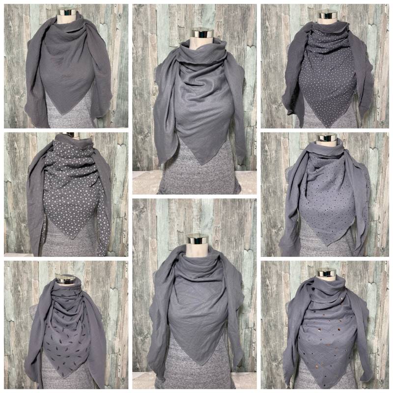 Dreieckstuch Halstuch Damen Xxl " Grau Vers. Muster Musselin Wickelschal Tuch Handmade Schal Einlagig von Liolinos