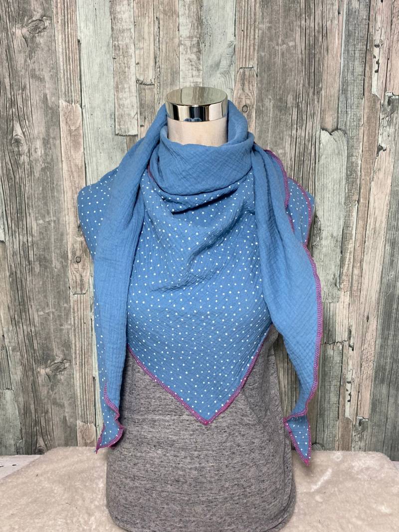 Dreieckstuch Halstuch Damen Xxl "Hellblau Mit Punkten/ Tupfen " Musselin Wickelschal Tuch Handmade Schal Einlagig von Liolinos