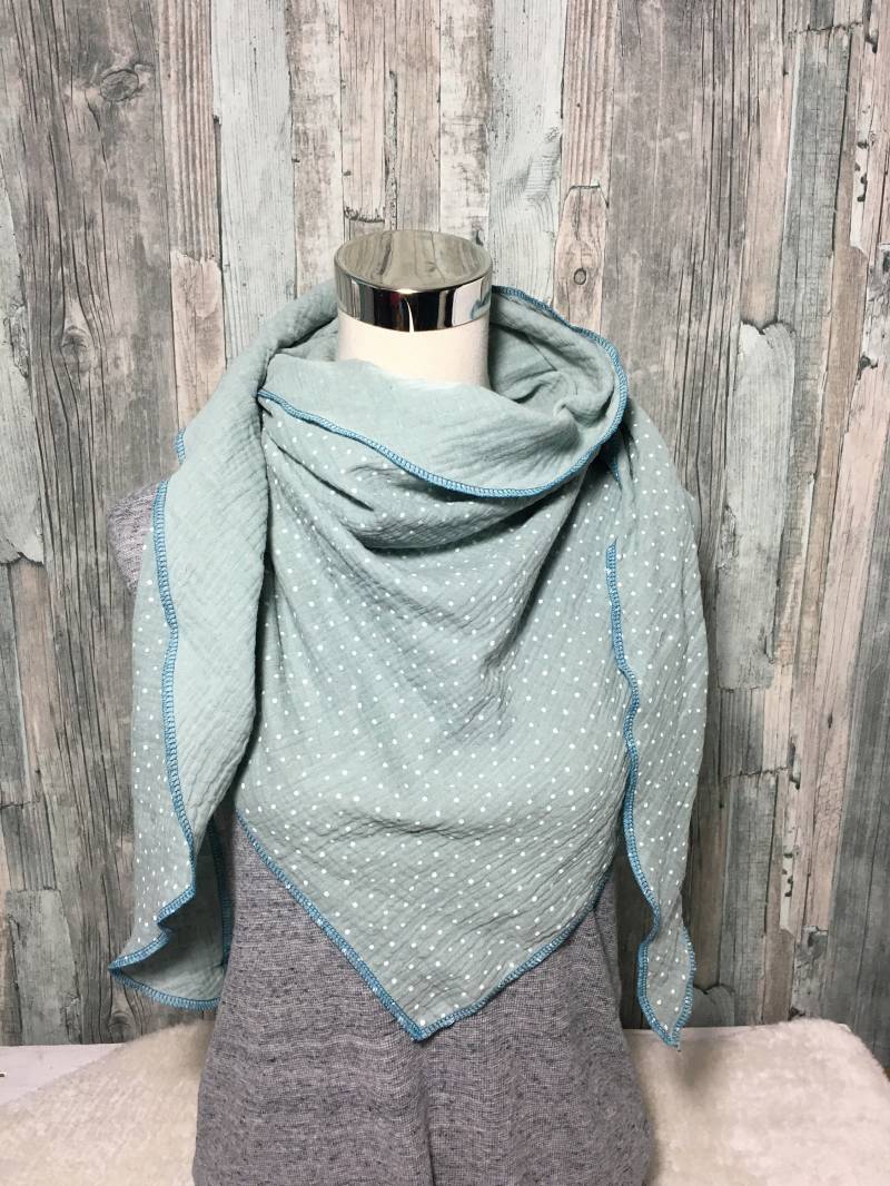 Dreieckstuch Halstuch Damen Xxl "Mint Mit Punkten/ Tupfen " Musselin Wickelschal Tuch Handmade Schal Einlagig von Liolinos