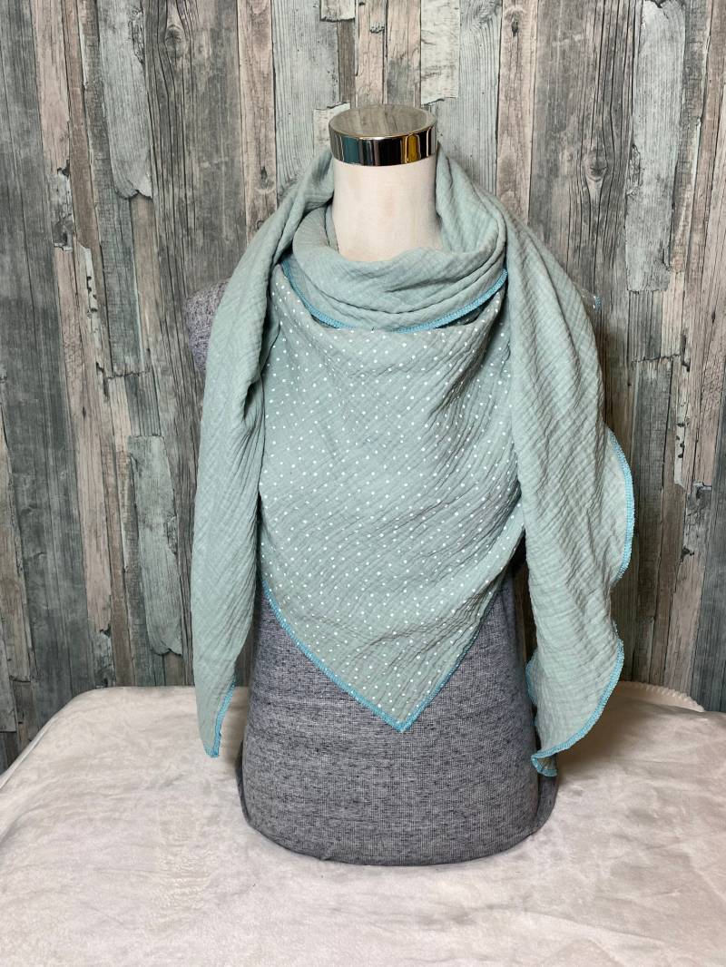 Dreieckstuch Halstuch Damen Xxl "Mint Mit Punkten/ Tupfen " Musselin Wickelschal Tuch Handmade Schal Einlagig von Liolinos