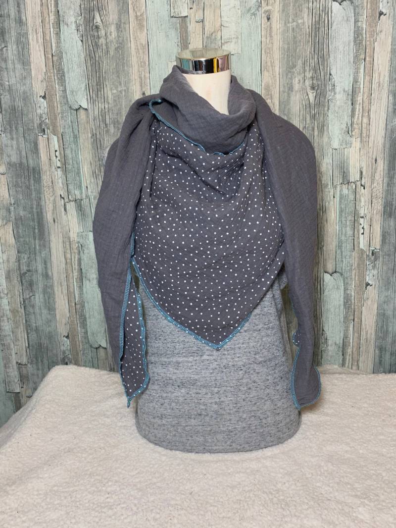 Dreieckstuch Halstuch Damen Xxl "Punkte Dunkelgrau " Musselin Wickelschal Tuch Handmade Schal Einlagig von Liolinos
