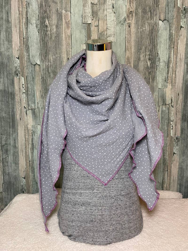 Dreieckstuch Halstuch Damen Xxl "Punkte Hellgrau " Musselin Wickelschal Tuch Handmade Schal Einlagig von Liolinos