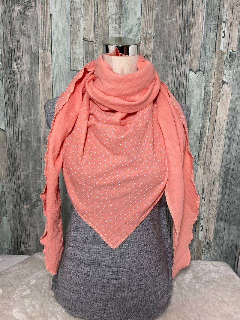 Dreieckstuch Halstuch Damen Xxl "Punkte Lachs " Musselin Wickelschal Tuch Handmade Schal Einlagig von Liolinos