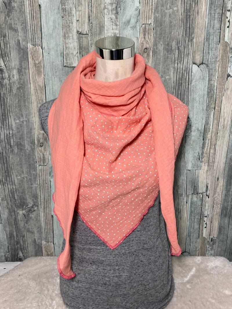 Dreieckstuch Halstuch Damen Xxl "Punkte Lachs " Musselin Wickelschal Tuch Handmade Schal Einlagig von Liolinos