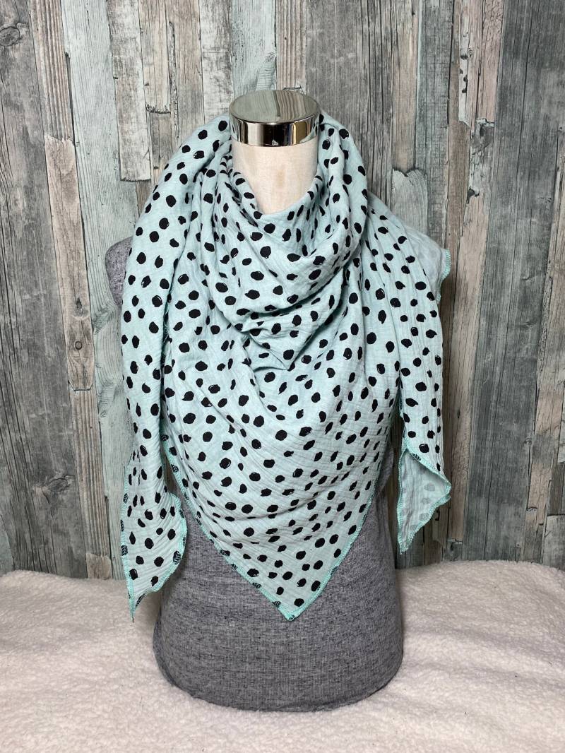 Dreieckstuch Halstuch Damen Xxl "Punkte Schwarz Mint " Musselin Wickelschal Tuch Handmade Schal Einlagig von Liolinos