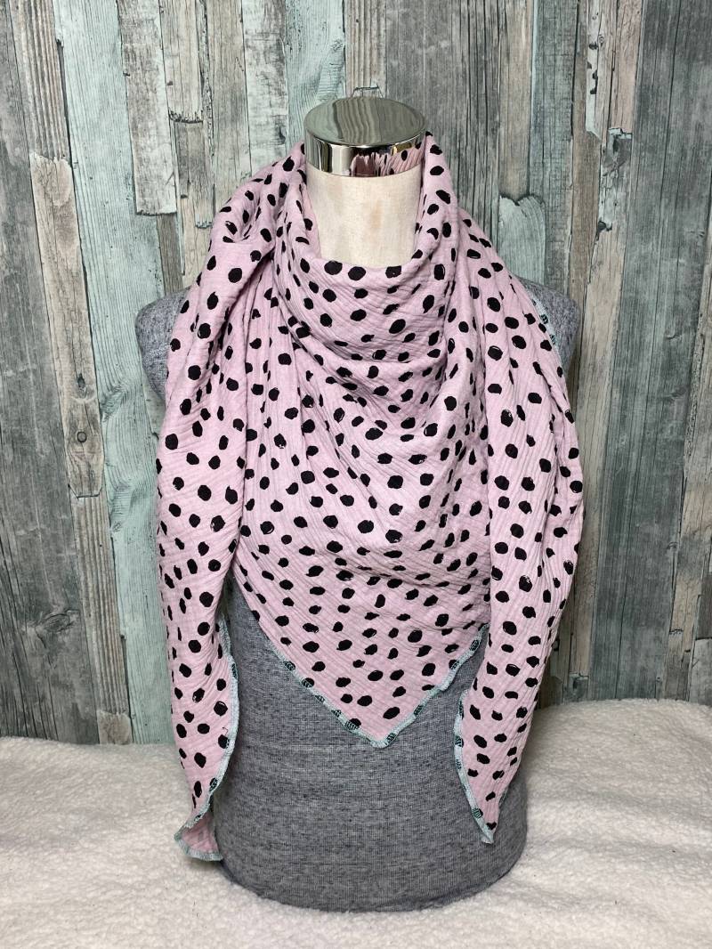 Dreieckstuch Halstuch Damen Xxl "Punkte Schwarz Rosa " Musselin Wickelschal Tuch Handmade Schal Einlagig von Liolinos