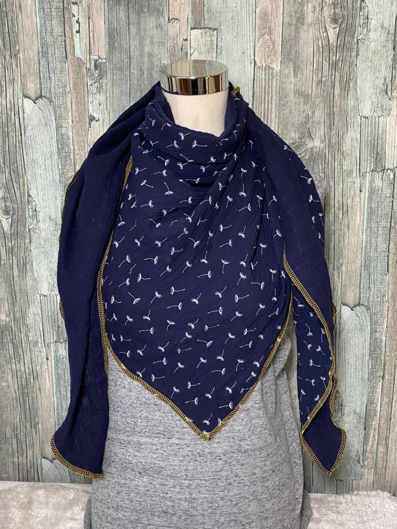 Dreieckstuch Halstuch Damen Xxl Pusteblume Dunkelblau Musselin Wickelschal Tuch Handmade Schal Sommertuch Einlagig von Liolinos