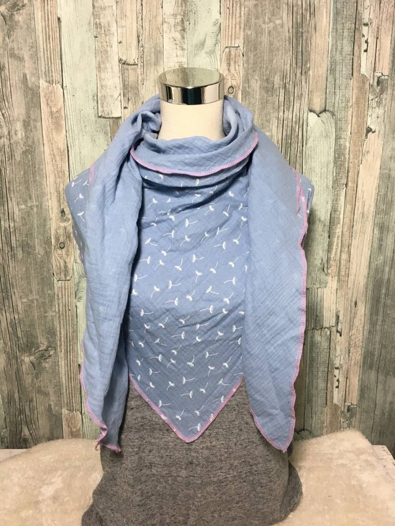 Dreieckstuch Halstuch Damen Xxl "Pusteblume Hellblau " Musselin Wickelschal Tuch Handmade Schal Sommertuch Einlagig von Liolinos
