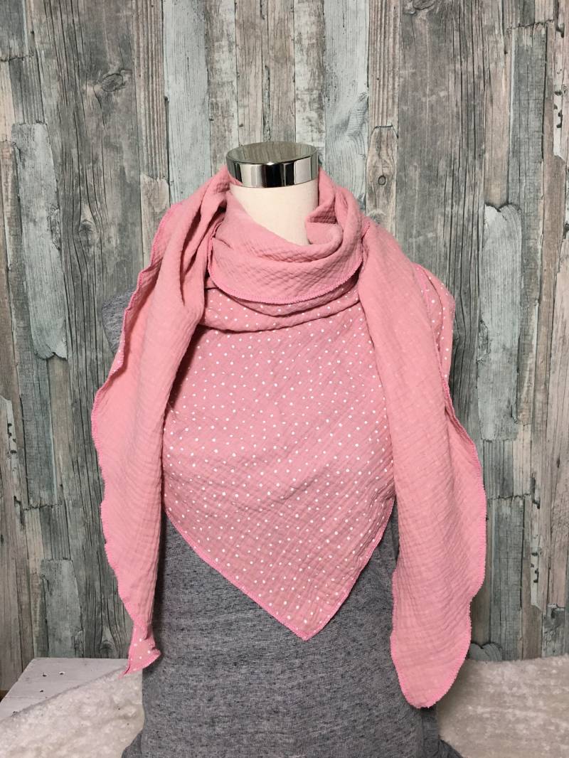 Dreieckstuch Halstuch Damen Xxl "Rosa Mit Weißen Punkten " Musselin Wickelschal Tuch Handmade Schal Einlagig von Liolinos