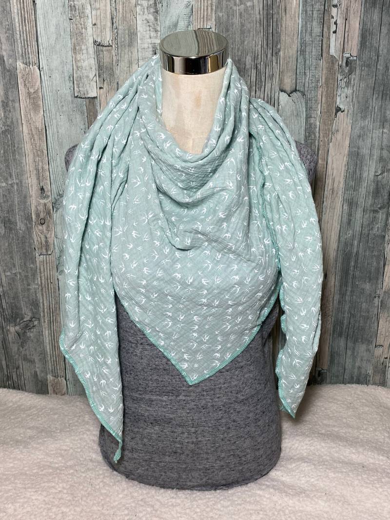 Dreieckstuch Halstuch Damen Xxl "Schwalben Mint " Musselin Wickelschal Tuch Handmade Schal Einlagig von Liolinos