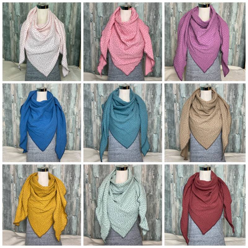 Dreieckstuch Halstuch Damen Xxl "Uni Mit Schwarzen Punkten " Bio Musselin Wickelschal Tuch Handmade Schal Einlagig Genäht von Liolinos