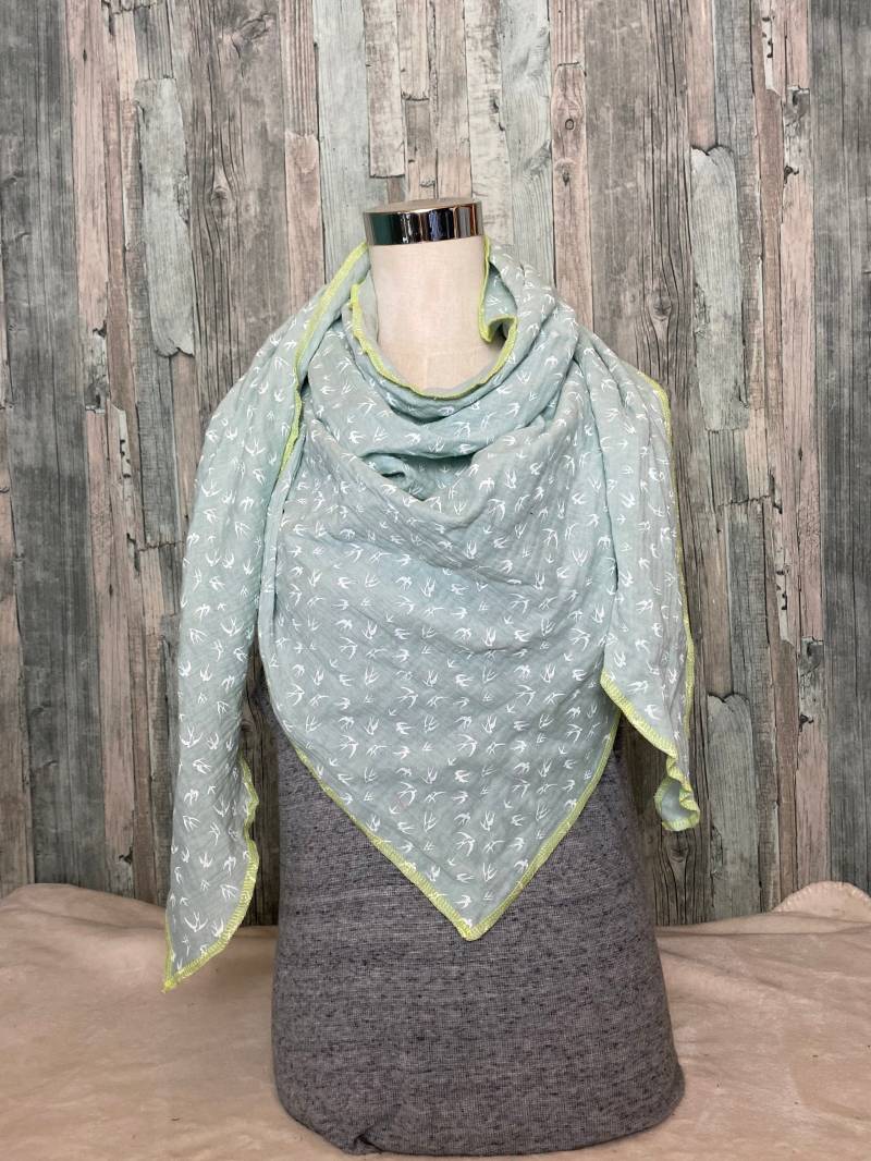 Dreieckstuch Halstuch Damen Xxl "Vögel Mint " Musselin Wickelschal Tuch Handmade Schal Einlagig von Liolinos