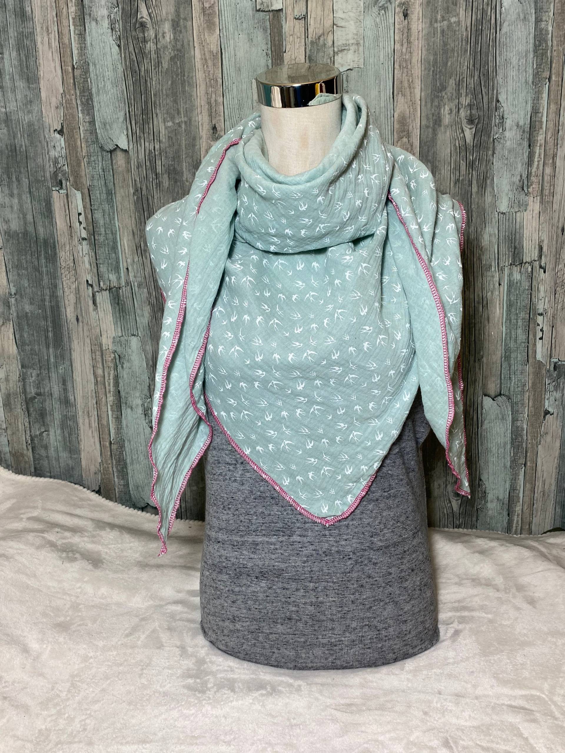 Dreieckstuch Halstuch Damen Xxl "Vögel Mint " Musselin Wickelschal Tuch Handmade Schal Einlagig von Liolinos