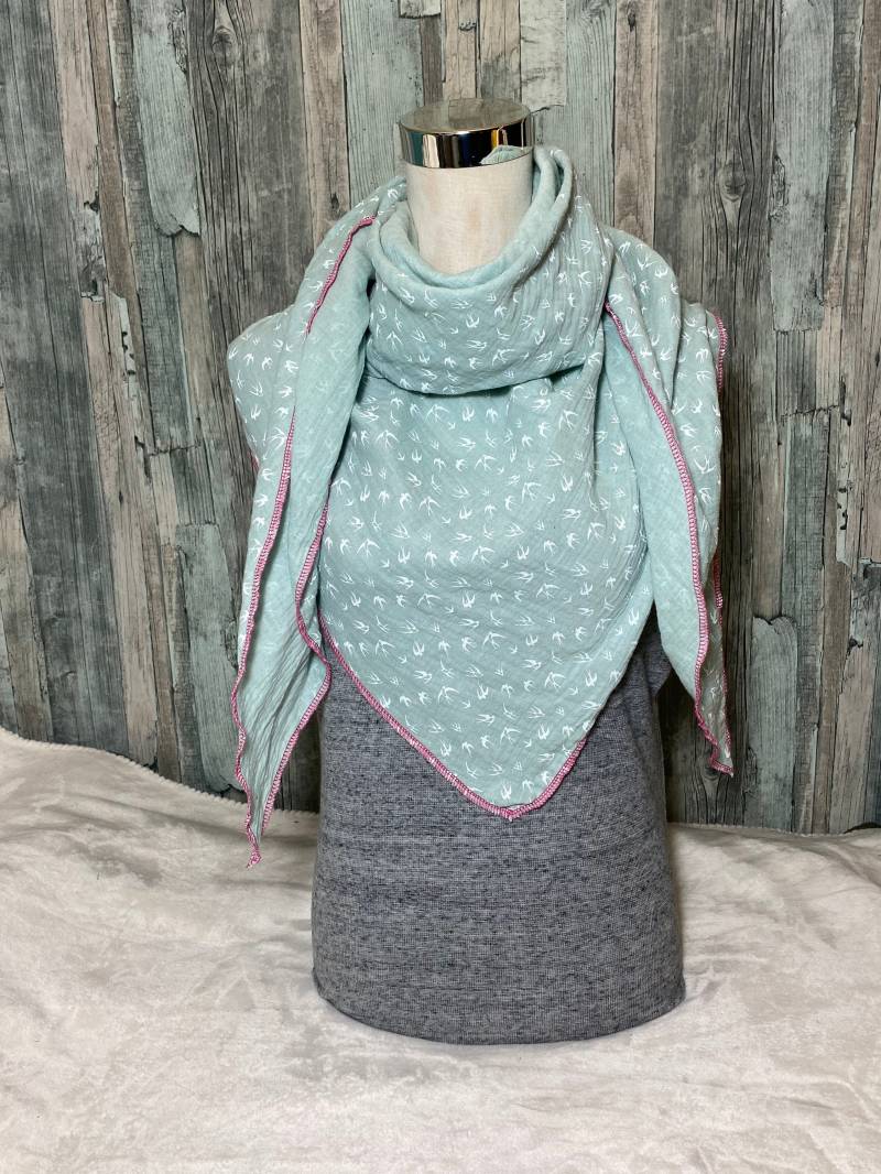 Dreieckstuch Halstuch Damen Xxl "Vögel Mint " Musselin Wickelschal Tuch Handmade Schal Einlagig von Liolinos