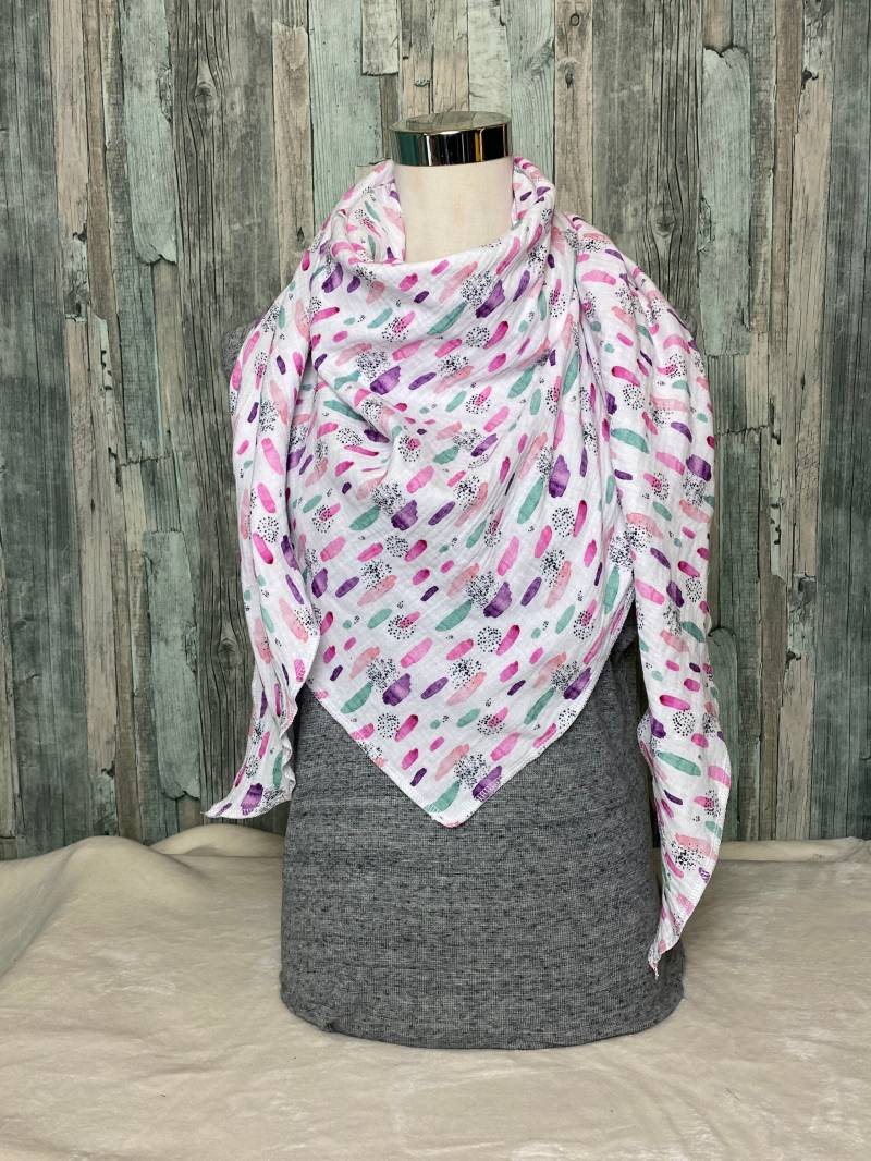 Dreieckstuch Halstuch Kleckse Lila Grün Weiß Musselin Wickelschal Tuch Handmade Schal Einlagig von Liolinos