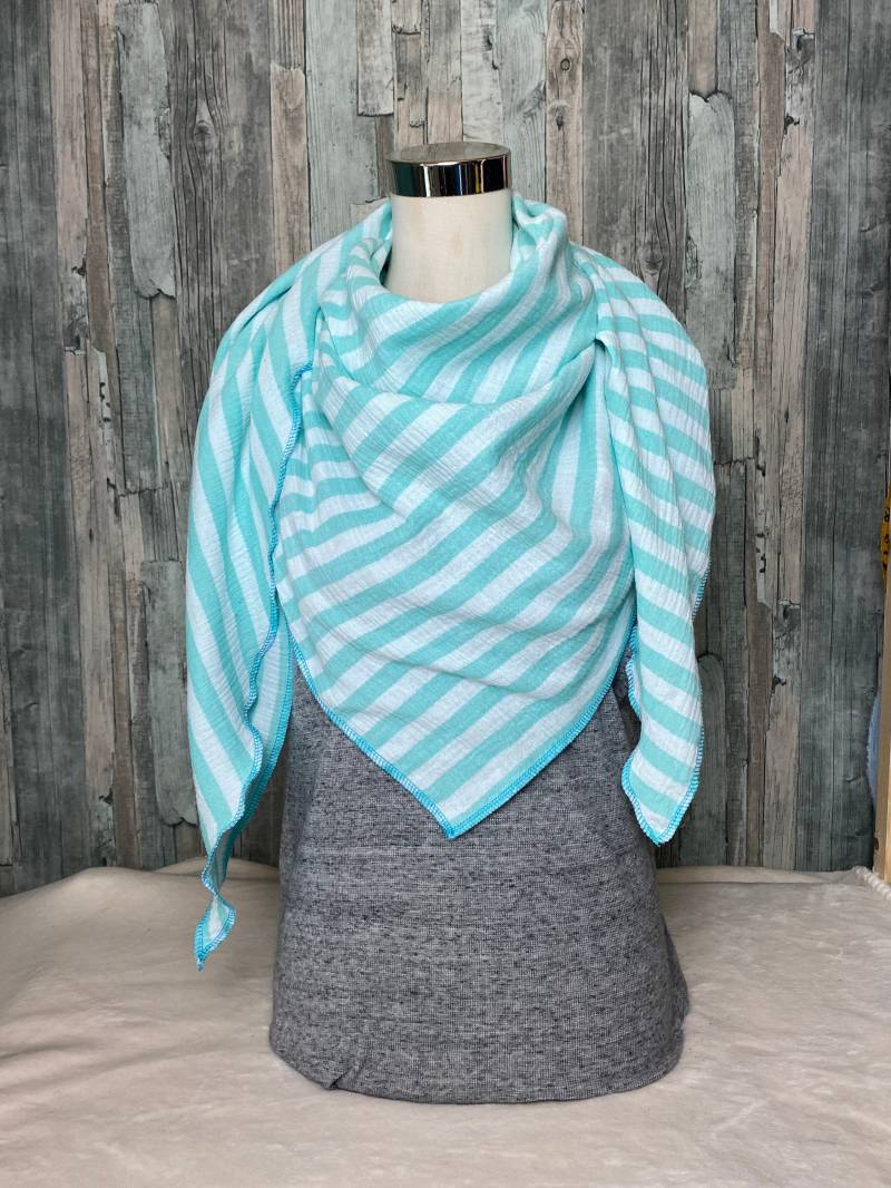 Dreieckstuch Halstuch Streifen Türkis Musselin Wickelschal Tuch Handmade Schal Einlagig von Liolinos