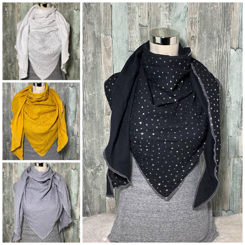 Dreieckstuch Halstuch Xxl "Silberne Sterne " Musselin Wickelschal Tuch Handmade Schal Einlagig von Liolinos