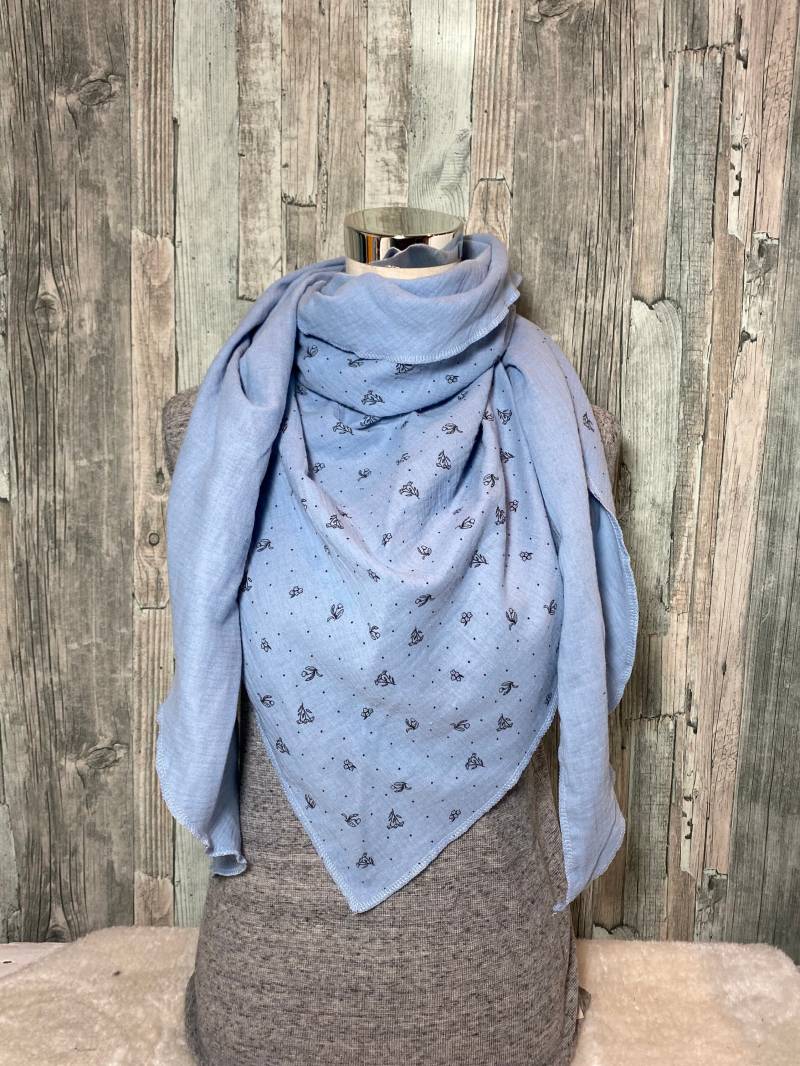 Halstuch Damen Xxl "Blumen Hellblau " Musselin Wickelschal Tuch Handmade Schal Sommertuch Einlagig von Liolinos