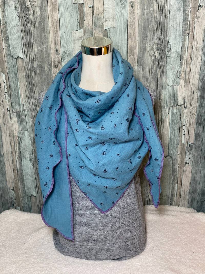 Halstuch Musselin "Blumen Blau" Damen Schal Wickelschal Tuch Handmade Einlagig von Liolinos