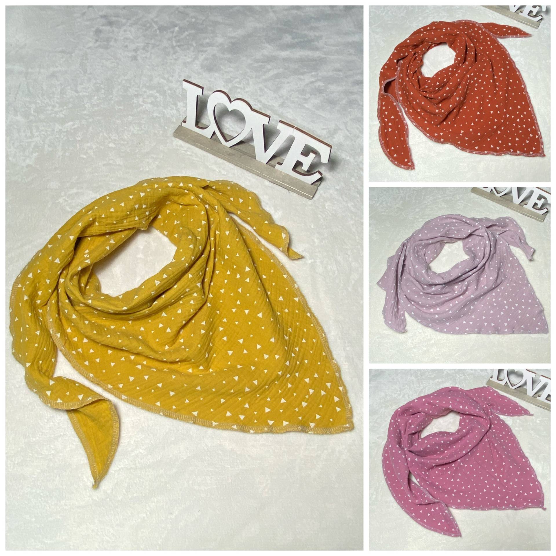 Kinderhalstuch Musselin Dreiecke, Rosa, Gelb, Rost Dreieckstuch Wickelschal Tuch Handmade Schal Kinderhalstuch Musselin Dreiecke, Rosa, Gelb, Rost Dreieckstuch Wickelschal Tuch Handmade Schal von Liolinos