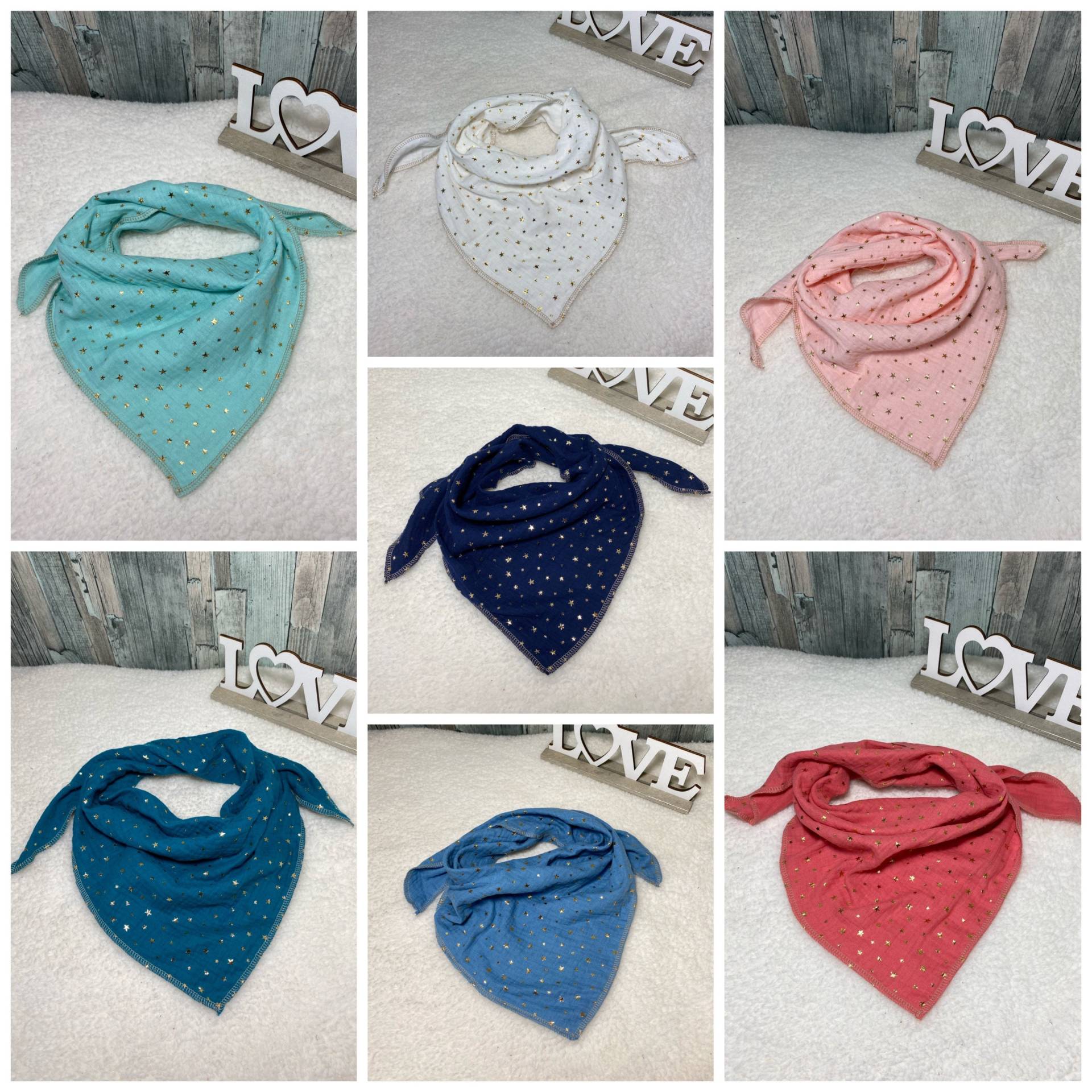 Kleinkind Baby Halstuch "Goldene Sterne" Dreieckstuch Musselin Wickelschal Tuch Handmade Schal von Liolinos