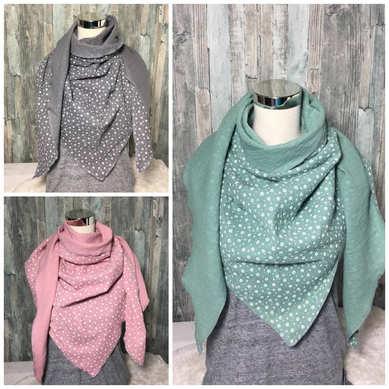 Musselin Dreiecks Tuch Halstuch Damen "Uni Mit Blumen " Wickelschal Handmade Schal Einlagig Genäht von Liolinos