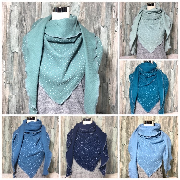 Musselin Dreiecks Tuch Halstuch Damen "Uni Mit Weißen Punkten " Wickelschal Handmade Schal Einlagig Genäht von Liolinos