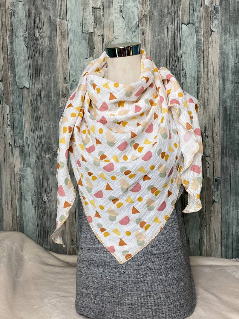 Musselin Dreieckstuch Abstrakt Kreis, Dreicke Punkte Wickelschal Tuch Handmade Schal Sommertuch Einlagig Musselin Dreieckstuch Abstrakt Kreis, Dreicke Punkte Wickelschal Tuch Handmade Schal Sommertuch Einlagig von Liolinos