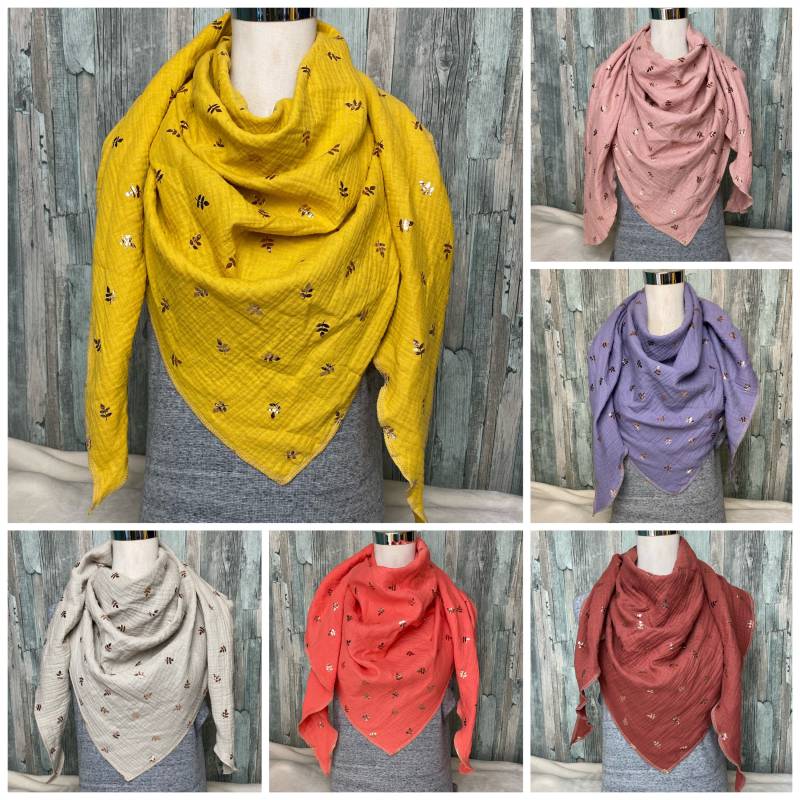 Musselin Dreieckstuch Goldene Kupfer Blätter" Halstuch Xxl Wickelschal Tuch Handmade Schal Einlagig von Liolinos