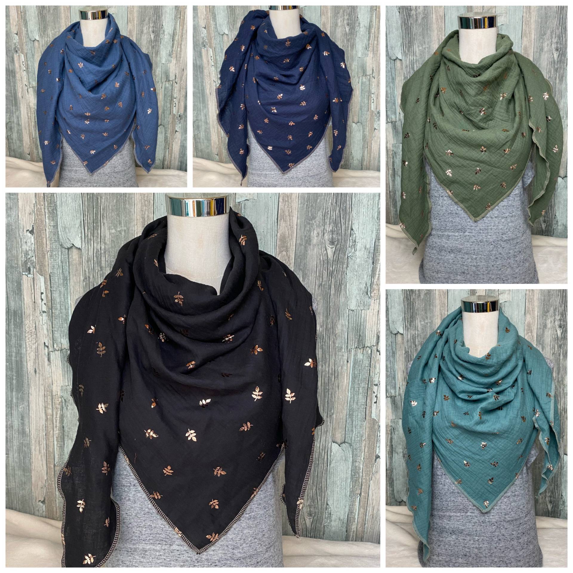 Musselin Dreieckstuch "Goldene Kupfer Blätter" Halstuch Xxl Wickelschal Tuch Handmade Schal Einlagig Musselin Dreieckstuch "Goldene Kupfer Blätter" Halstuch Xxl Wickelschal Tuch Handmade Schal Einlagig von Liolinos