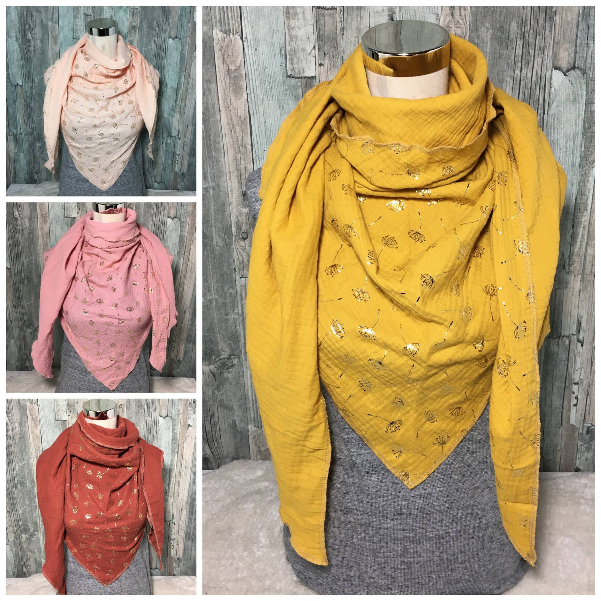 Musselin Dreieckstuch "Goldene Pusteblume " Halstuch Xxl Wickelschal Tuch Handmade Schal Einlagig von Liolinos