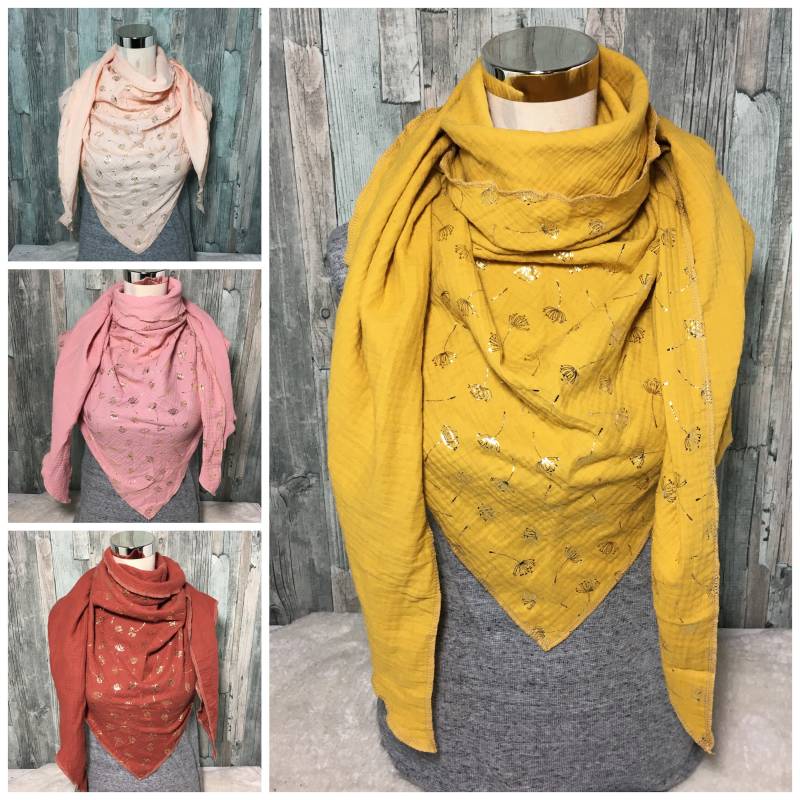 Musselin Dreieckstuch "Goldene Pusteblume " Halstuch Xxl Wickelschal Tuch Handmade Schal Einlagig Musselin Dreieckstuch "Goldene Pusteblume " Halstuch Xxl Wickelschal Tuch Handmade Schal Einlagig von Liolinos