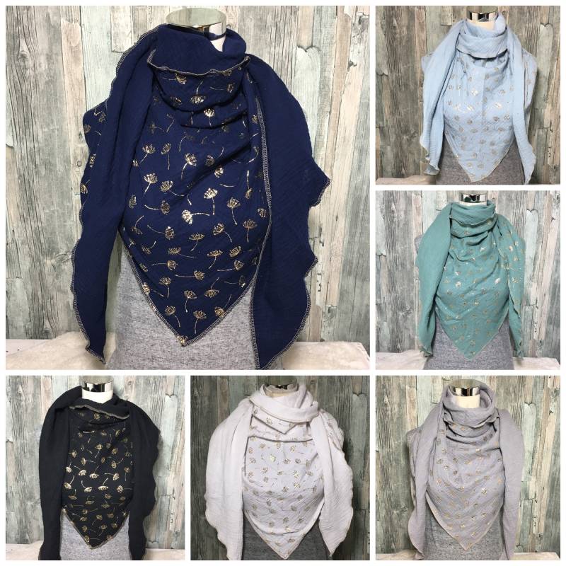 Musselin Dreieckstuch "Goldene Pusteblume " Halstuch Xxl Wickelschal Tuch Handmade Schal Einlagig Musselin Dreieckstuch "Goldene Pusteblume " Halstuch Xxl Wickelschal Tuch Handmade Schal Einlagig von Liolinos