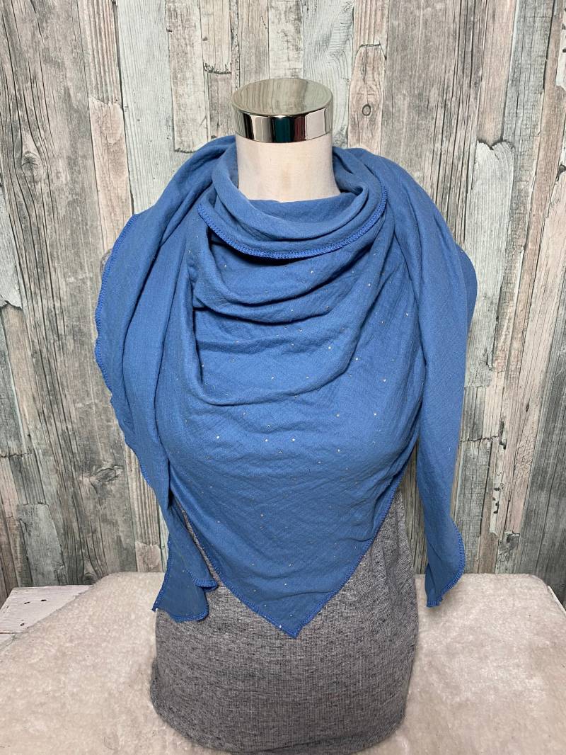 Musselin Dreieckstuch Halstuch Damen Xxl"Blau Mit Tupfen Silber/Gold " Wickelschal Tuch Handmade Schal Einlagig von Liolinos