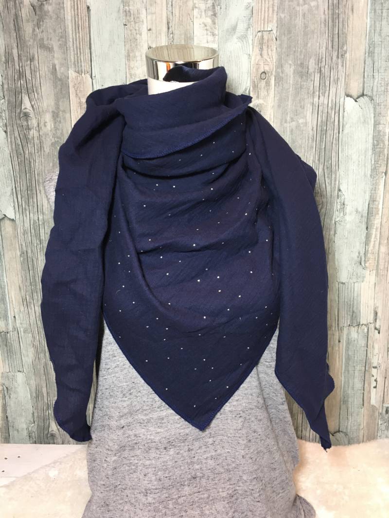 Musselin Dreieckstuch Halstuch Damen Xxl"Dunkelblau Mit Tupfen Silber/Gold " Wickelschal Tuch Handmade Schal Einlagig von Liolinos