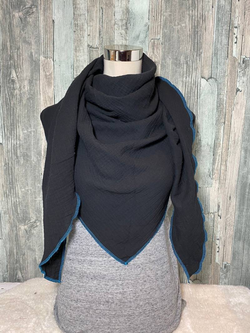 Musselin Dreieckstuch Halstuch Damen Xxl"Schwarz" Wickelschal Tuch Handmade Schal Sommertuch Einlagig von Liolinos
