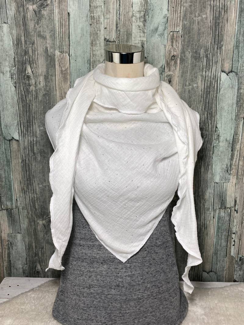 Musselin Dreieckstuch Halstuch Xxl"Weiß Uni Mit Tupfen Silber/Gold " Wickelschal Tuch Handmade Schal Einlagig von Liolinos