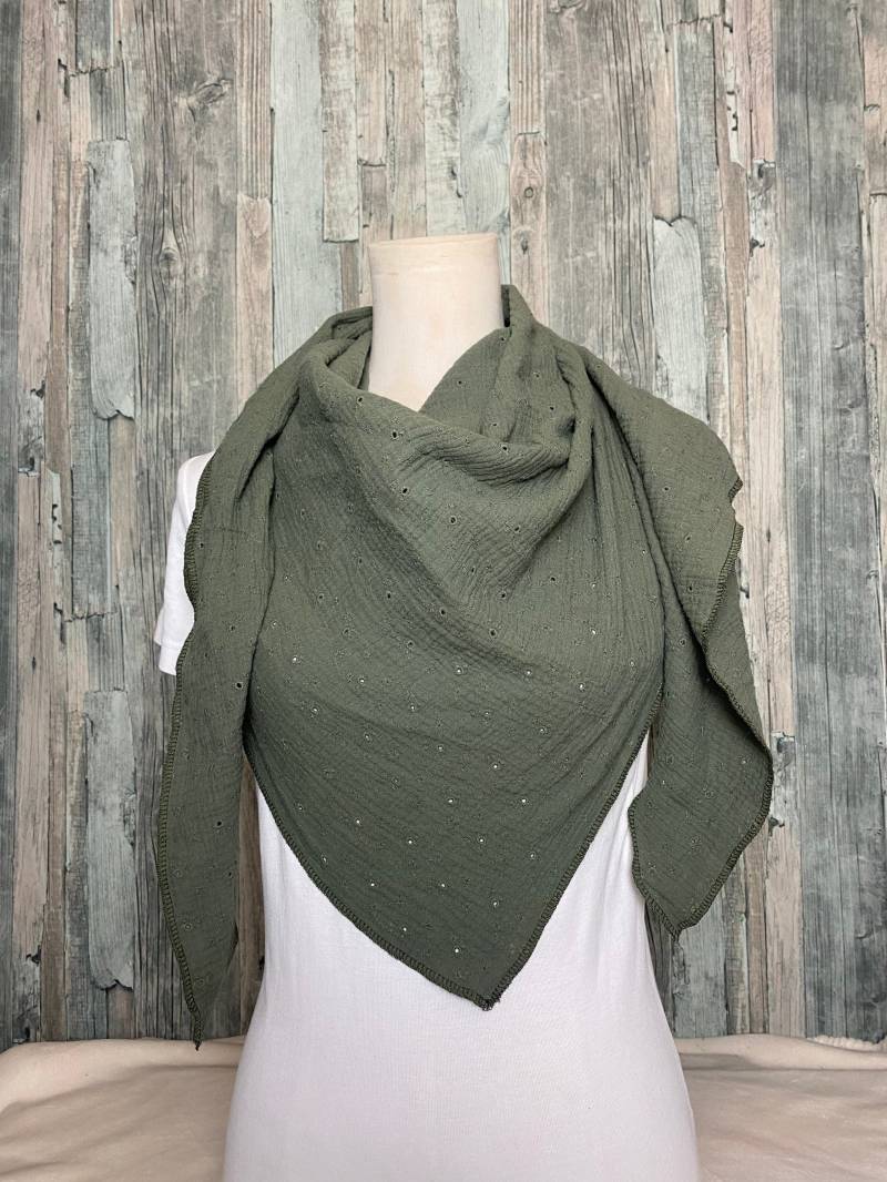 Musselin Dreieckstuch Khaki Mit Stickerei Lochstickerei Blumen Knoten Wickelschal Tuch Handmade Schal Einlagig Musselin Dreieckstuch Khaki Mit Stickerei Lochstickerei Blumen Knoten Wickelschal Tuch Handmade Schal Einlagig von Liolinos