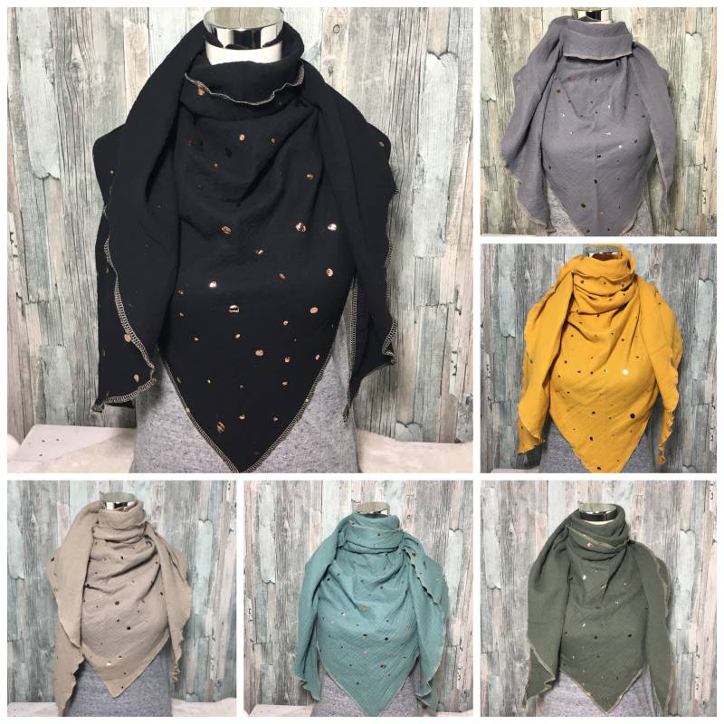 Musselin Dreieckstuch "Kupfer Punkte " Halstuch Xxl Wickelschal Tuch Handmade Schal Einlagig von Liolinos