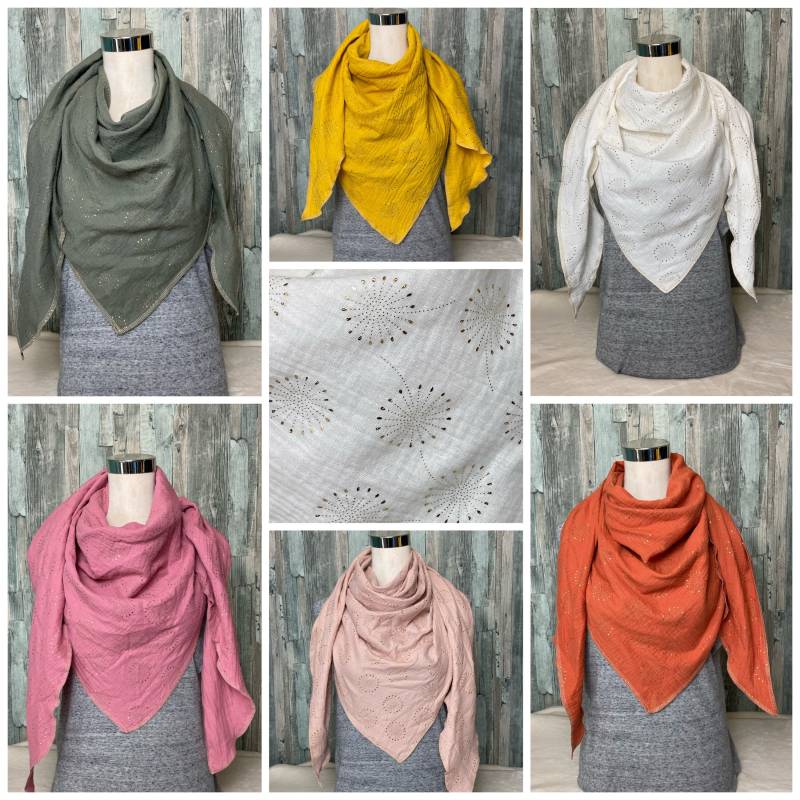 Musselin Dreieckstuch Pusteblume Gold Vers. Farben Halstuch Xxl Wickelschal Tuch Handmade Schal Einlagig von Liolinos