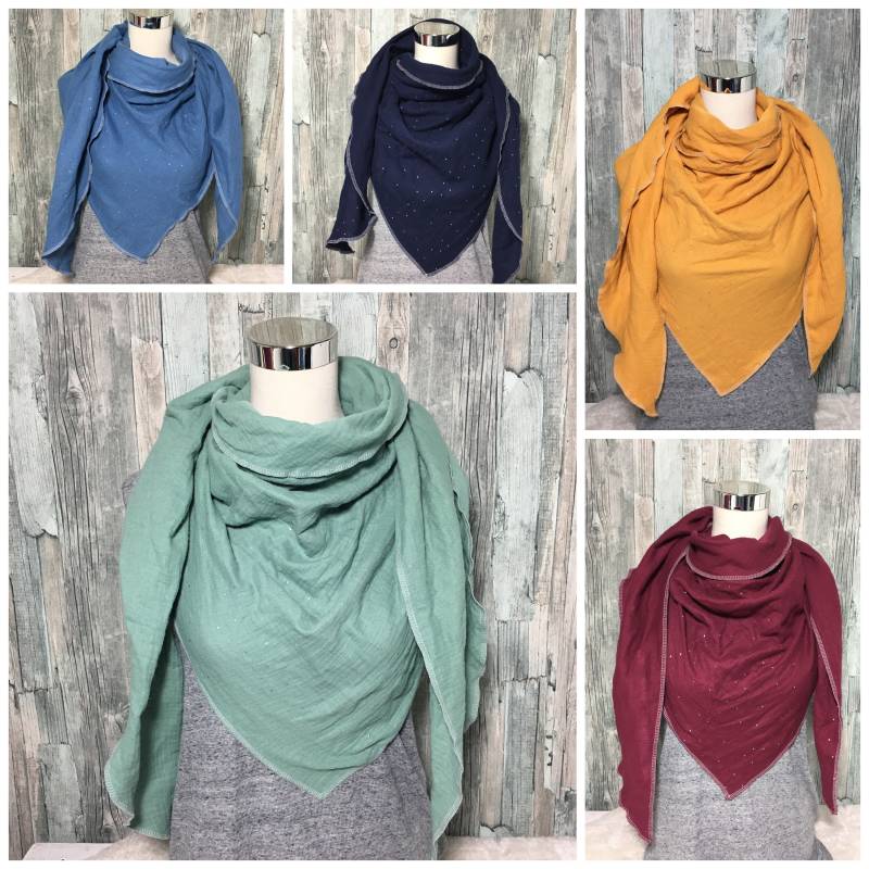 Musselin Halstuch „Silber Punkte " Damen Xxl Dreieckstuch Wickelschal Tuch Handmade Schal Einlagig von Liolinos