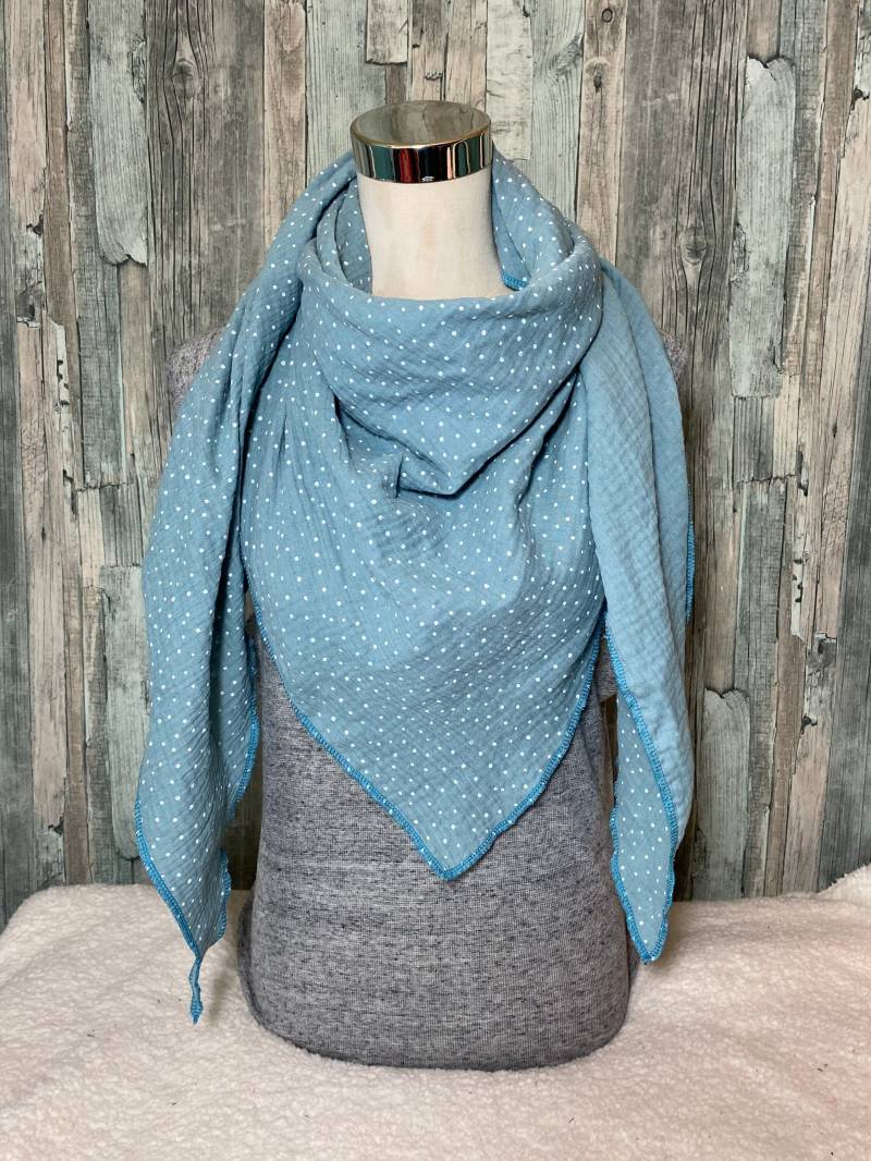 Musselin Halstuch Xxl"Aqua Punkte Weiß" Wickelschal Tuch Handmade Schal Sommertuch Einlagig von Liolinos